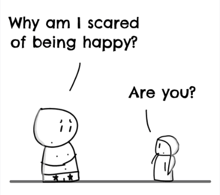 Panel 2 of Why am I scared of being happy?, a hand-drawn Cynyassy comic.