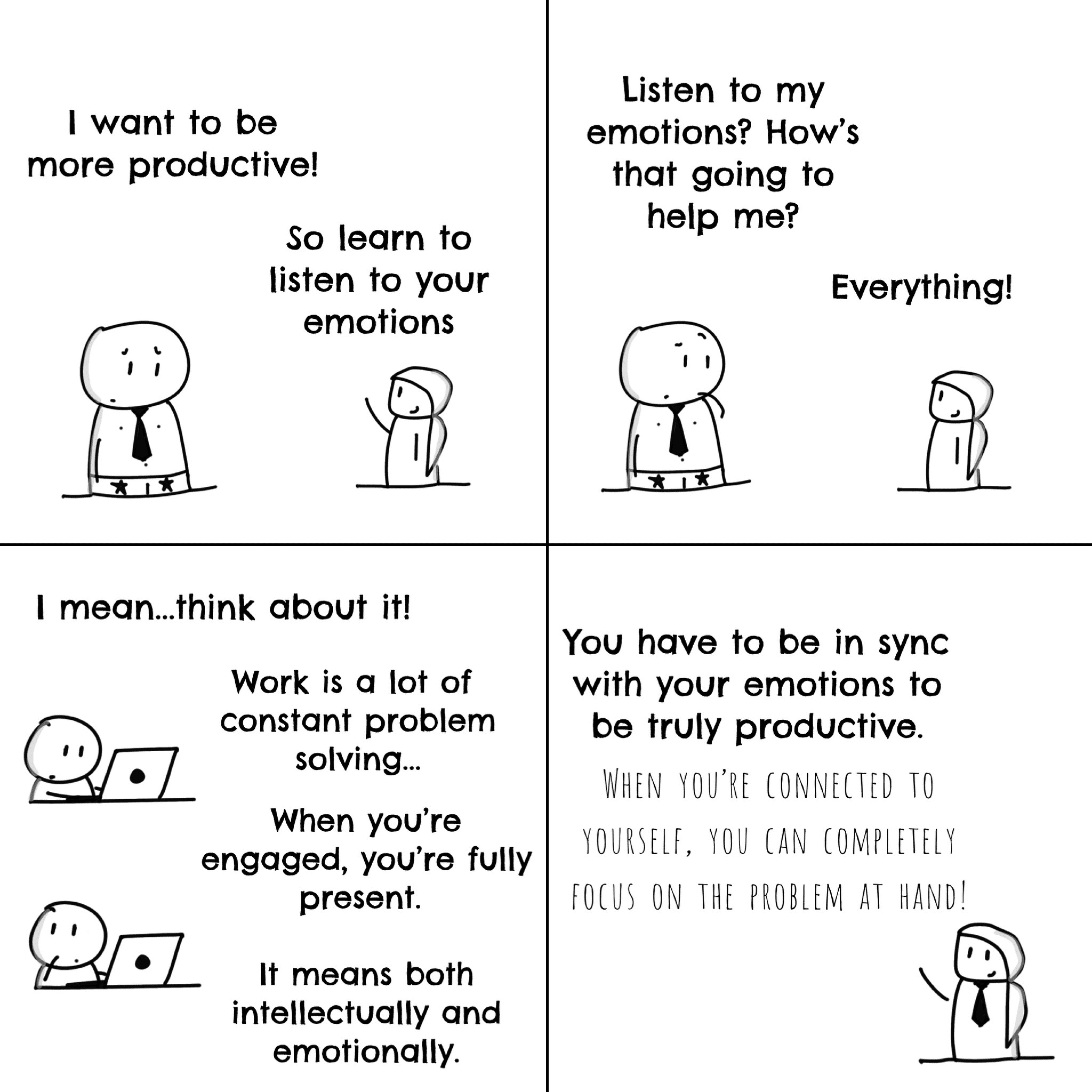 Panel 1 of Productivity and Emotions, a hand-drawn Cynyassy comic.