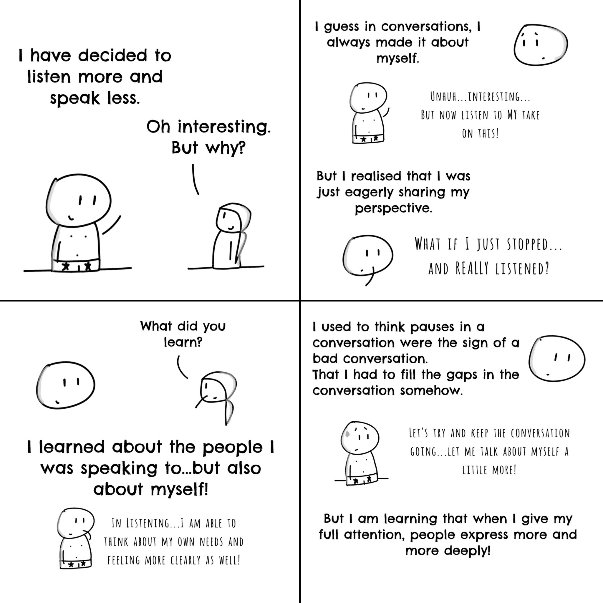 Panel 1 of What if I listened more and spoke less?, a hand-drawn Cynyassy comic.