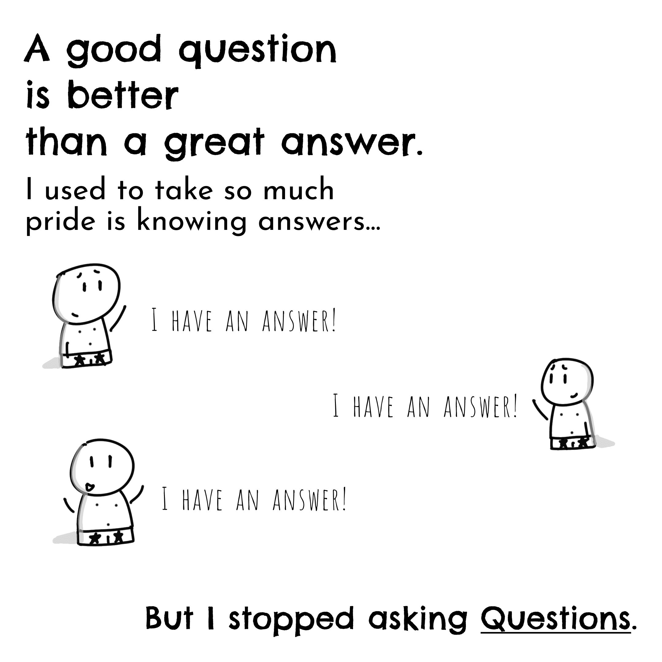 Panel 1 of A good question vs an answer, a hand-drawn Cynyassy comic.