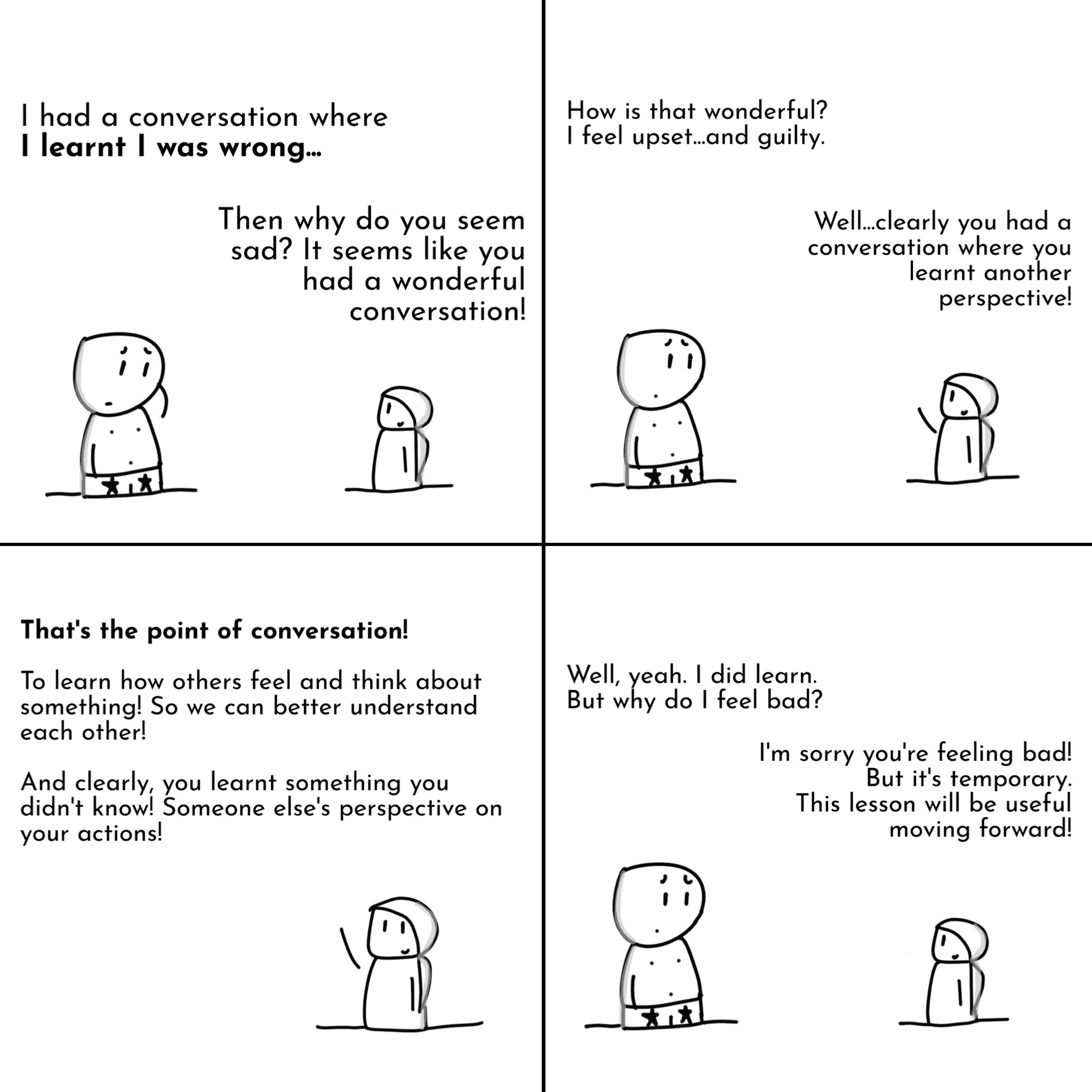 Panel 1 of Learning I was wrong, a hand-drawn Cynyassy comic.