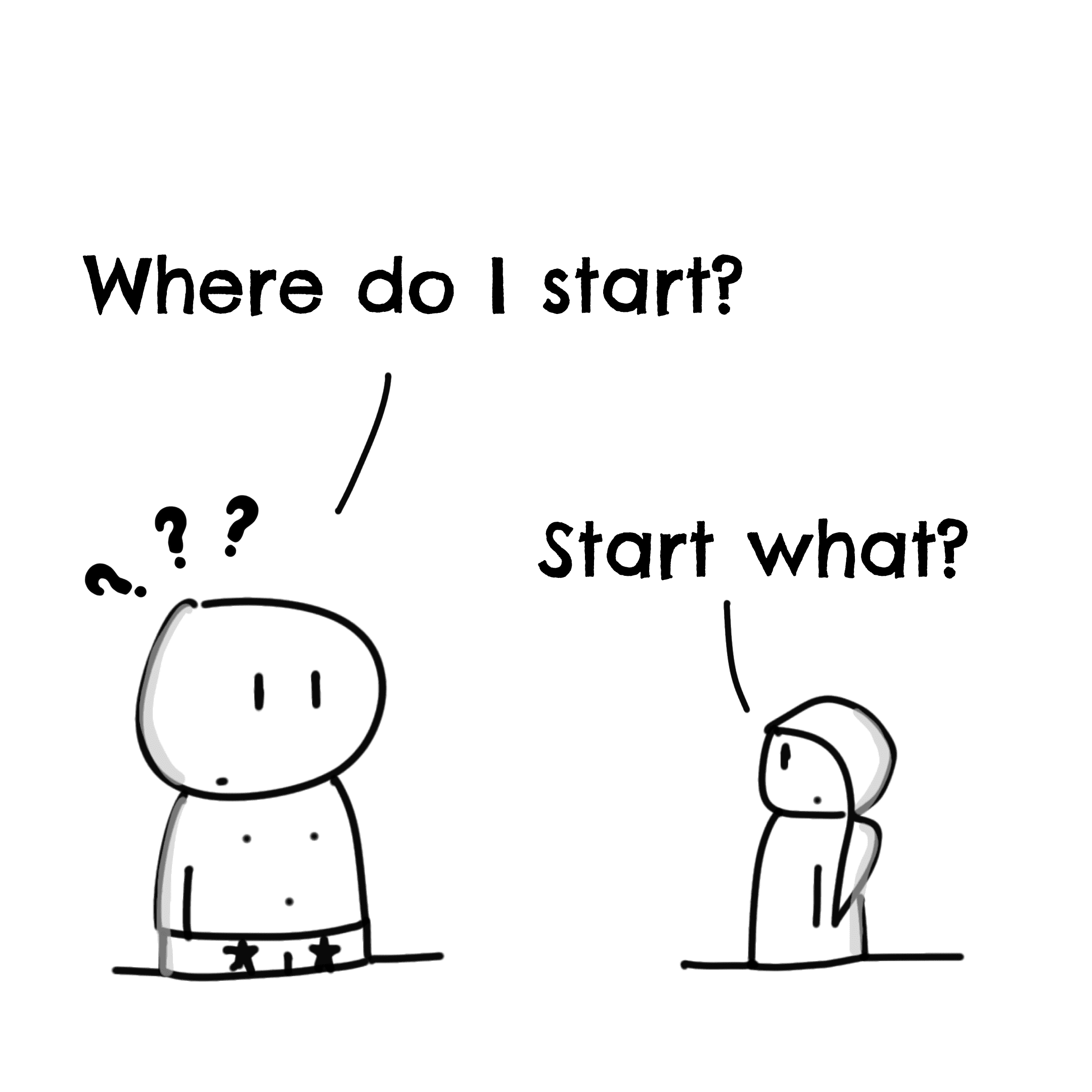 Panel 1 of Where do I start?, a hand-drawn Cynyassy comic.